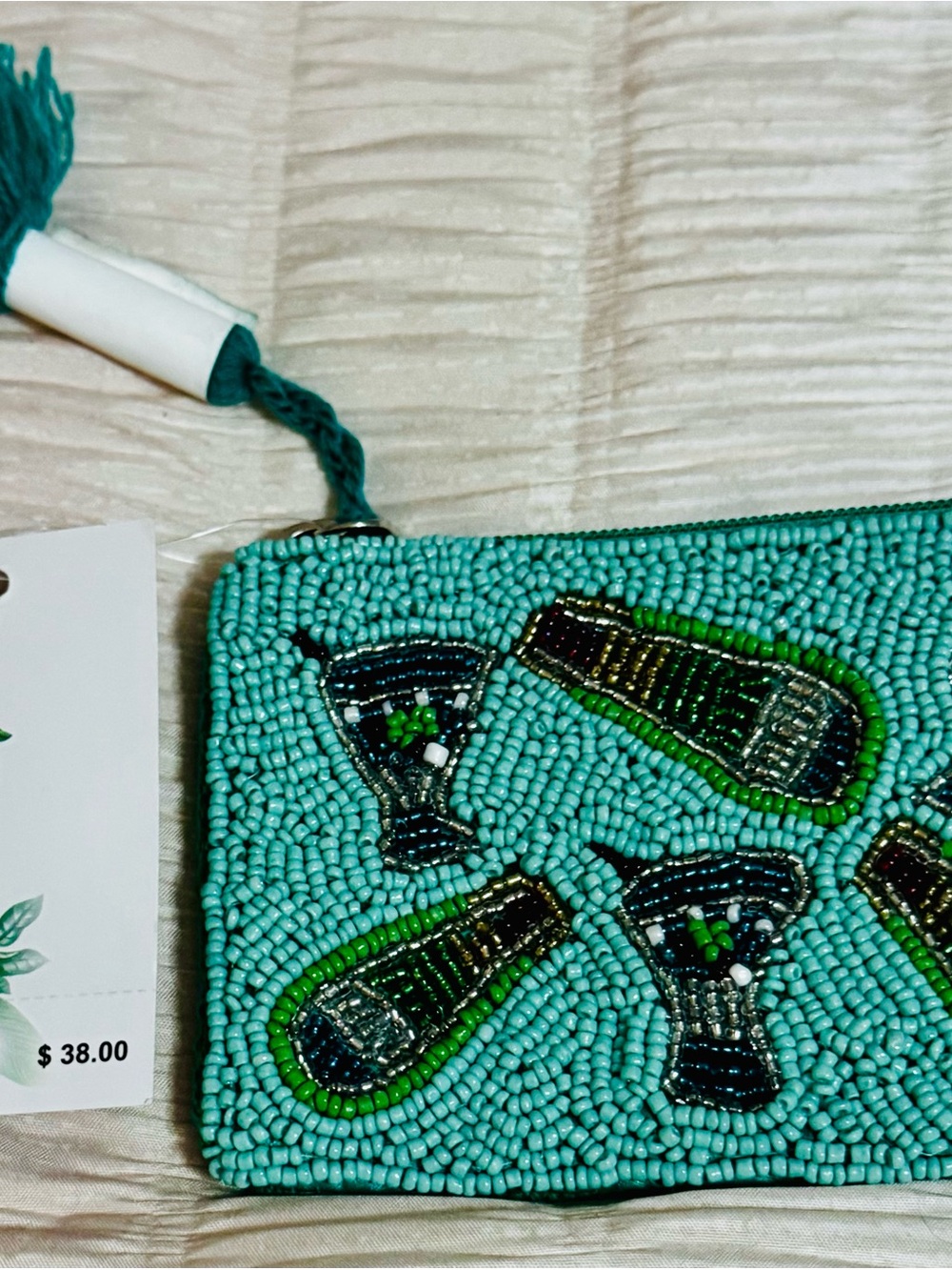 America and Beyond Turquoise Beaded Wristlet Clutch with Cocktail Motif
